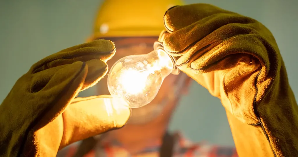 gloved man holding lightbulb